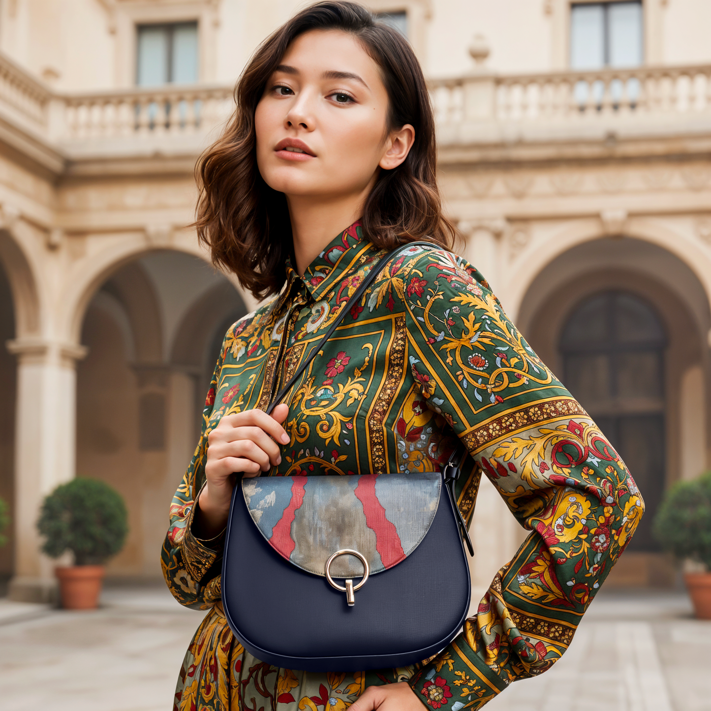 Leather Shoulder Bag with Vintage Obi Fabric Flap