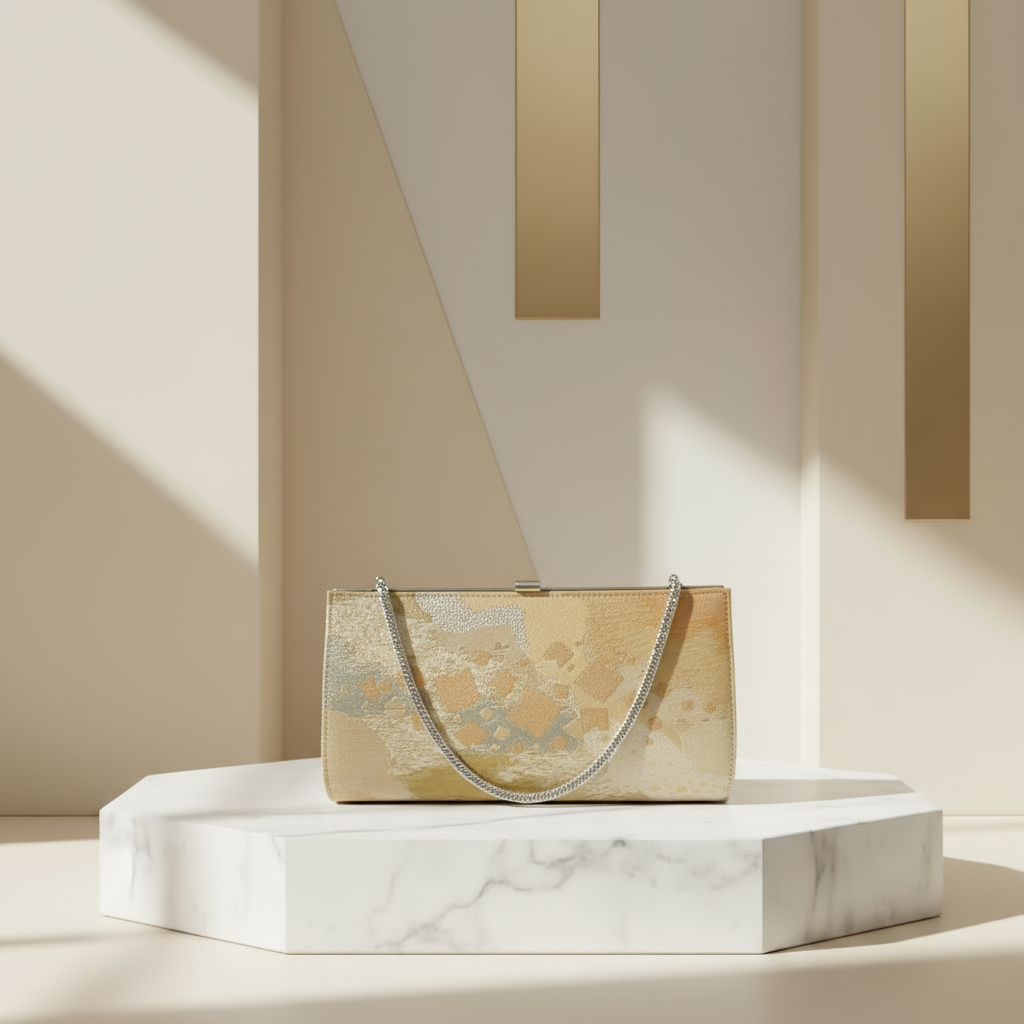 Japanese Obi Kimono Clutch – Vintage Gold Fabric Chain Evening Bag