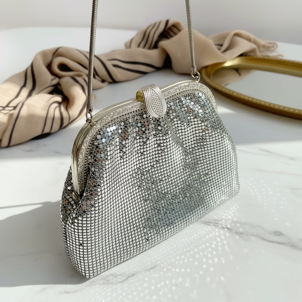 Vintage Silver Mesh Evening Bag – Art Deco Clutch Purse with Chain Strap – Retro Wedding Handbag