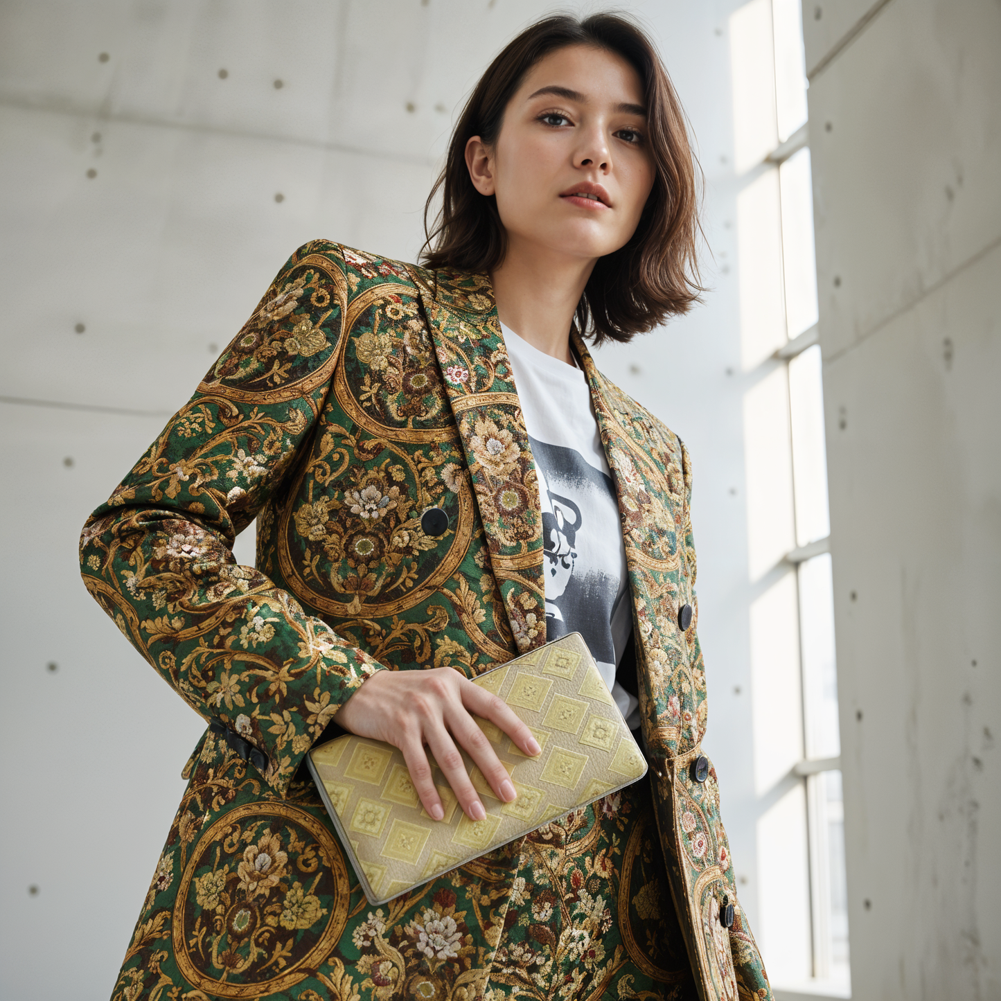 Gold Diamond Pattern Vintage Japanese Brocade Clutch Bag