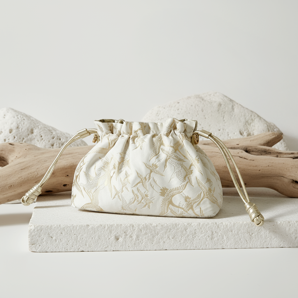 Reversible Kinchaku Bag: Japanese Cotton & Nappa Leather Clutch