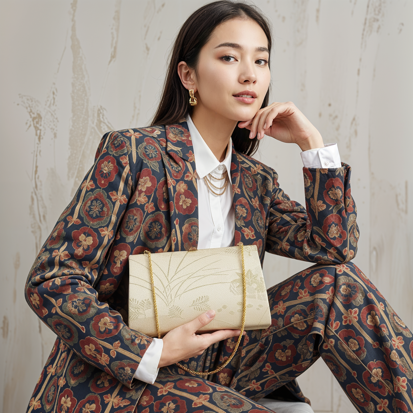 Ivory & Gold Brocade Leaf Exquisite Vintage Japanese Clutch Bag