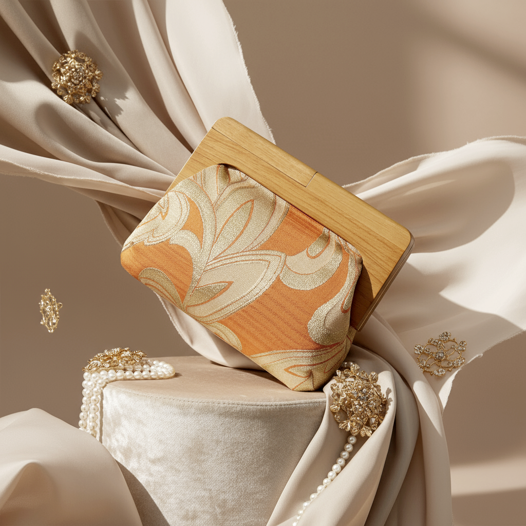 Rust and Gold Wooden Frame Clutch Bag made with Vintage Japanese Obi Fabric