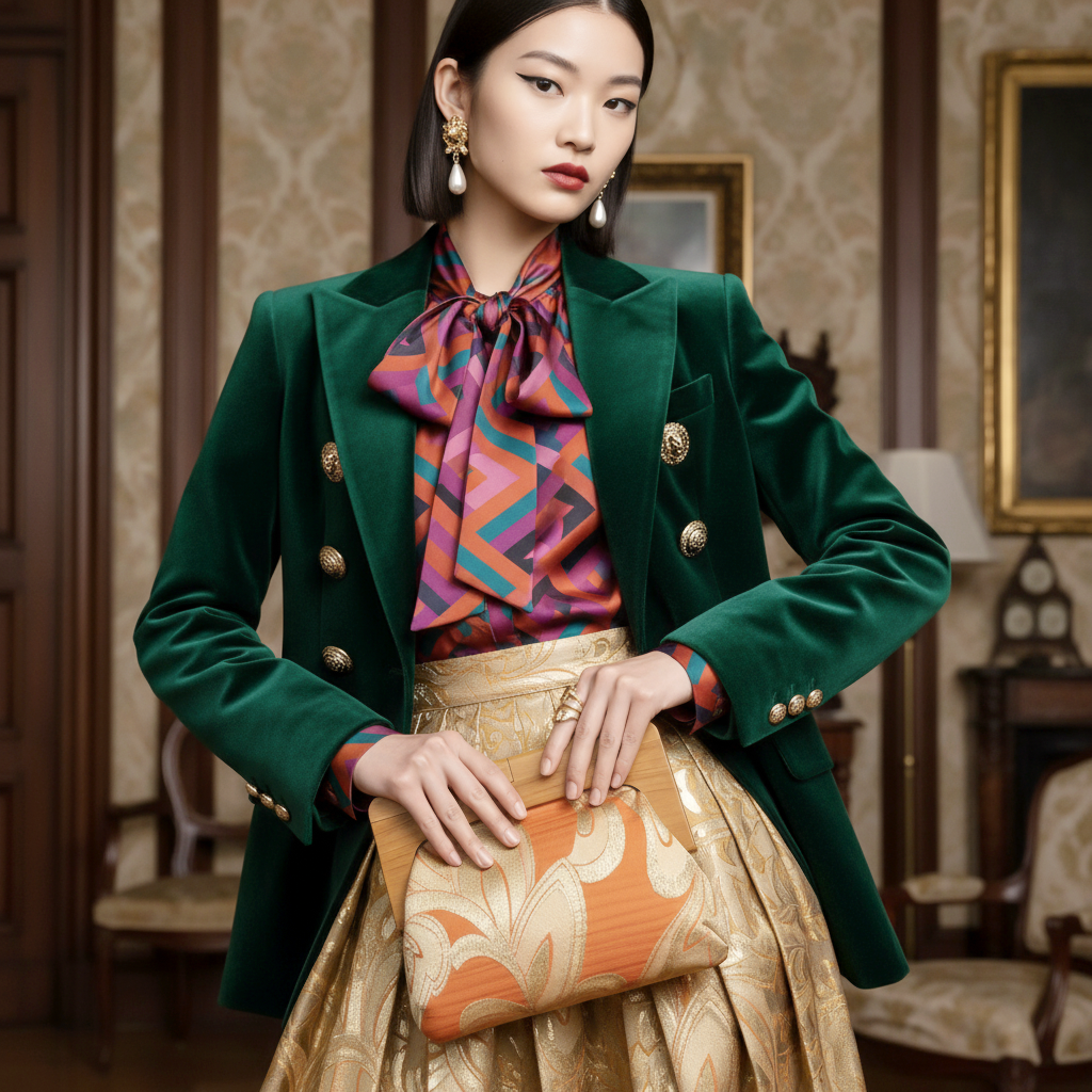 Rust and Gold Wooden Frame Clutch Bag made with Vintage Japanese Obi Fabric