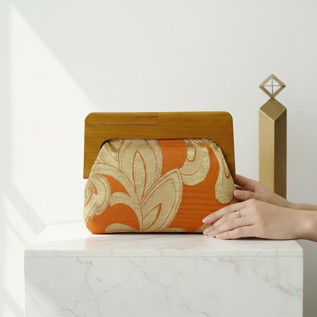 Rust and Gold Wooden Frame Clutch Bag made with Vintage Japanese Obi Fabric