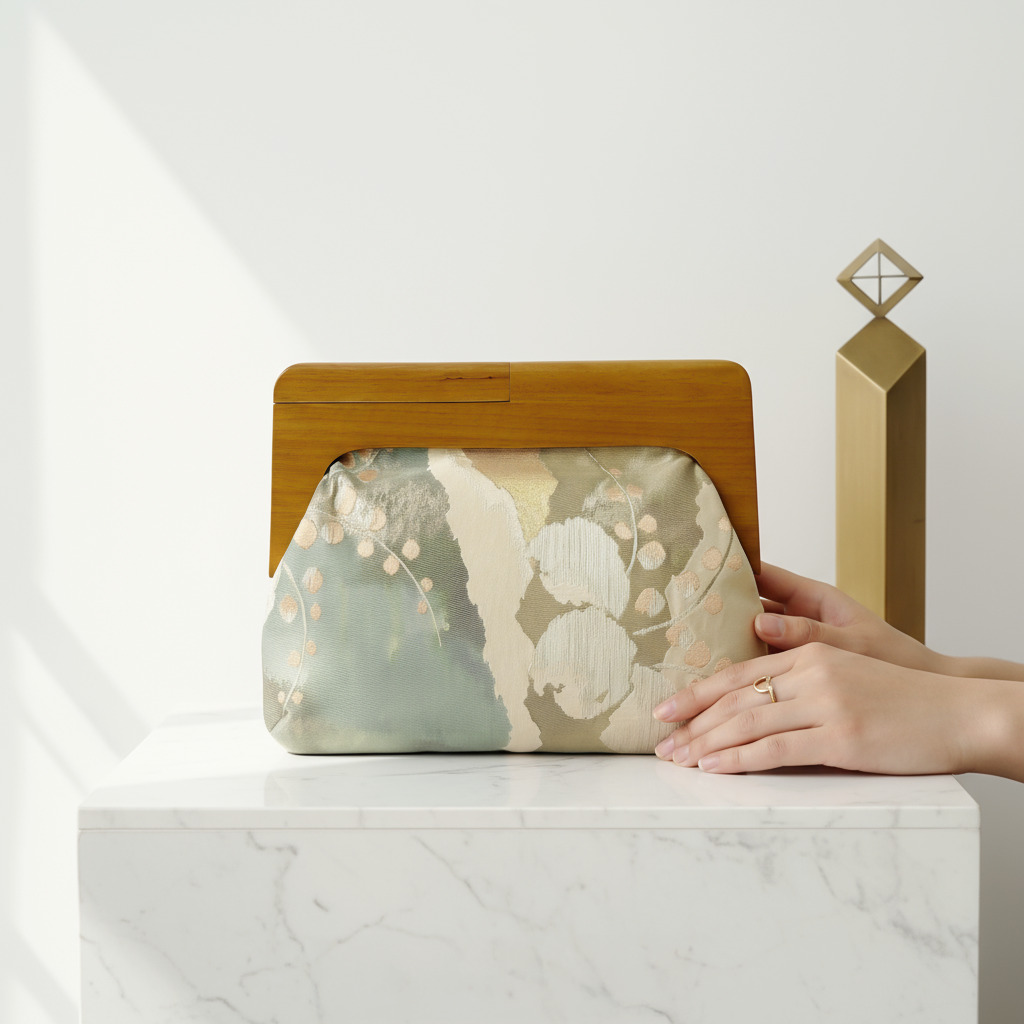 Obi Clutch – Sage Green and Light Beige Kimono Fabric Bag with Wooden Frame