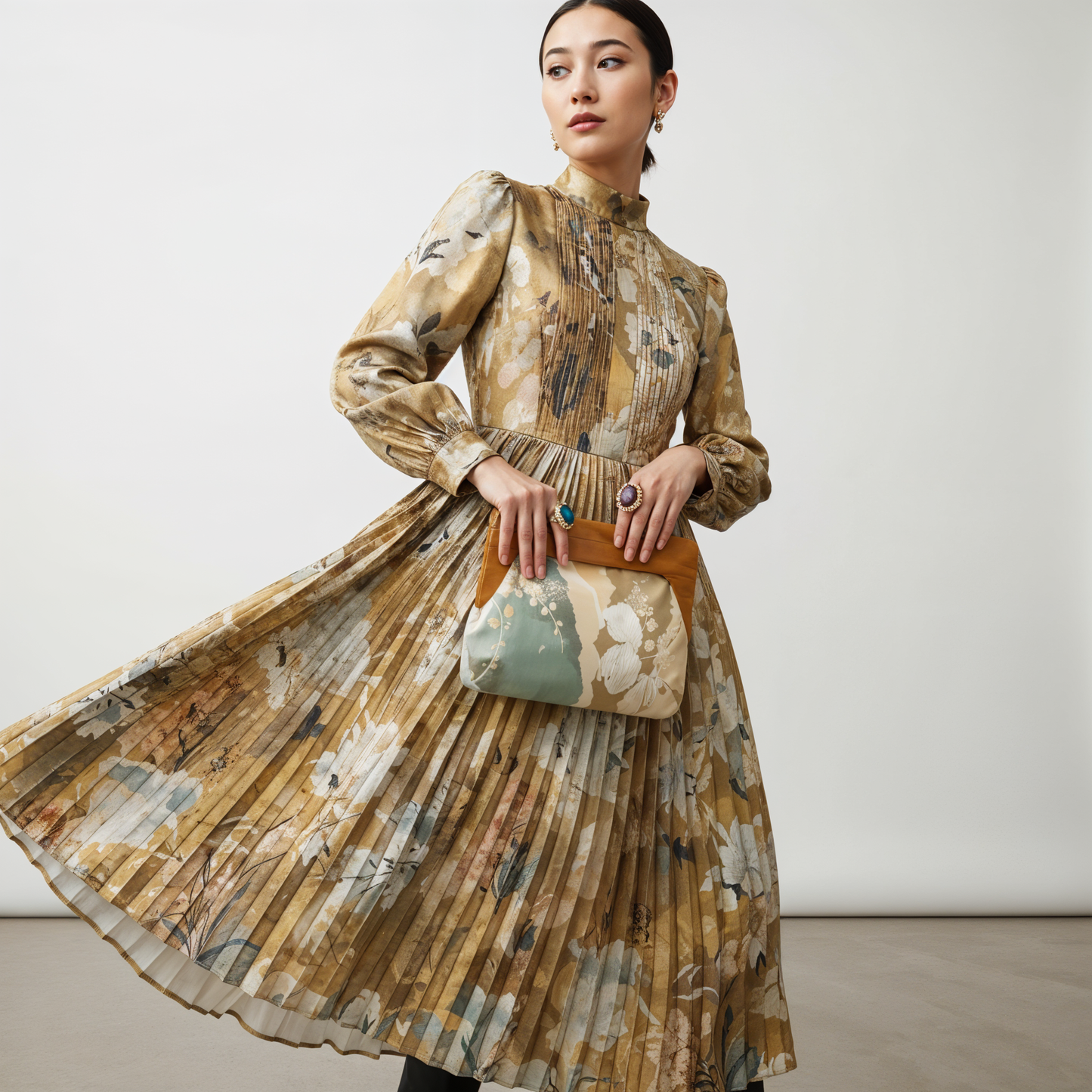 Obi Clutch – Sage Green and Light Beige Kimono Fabric Bag with Wooden Frame