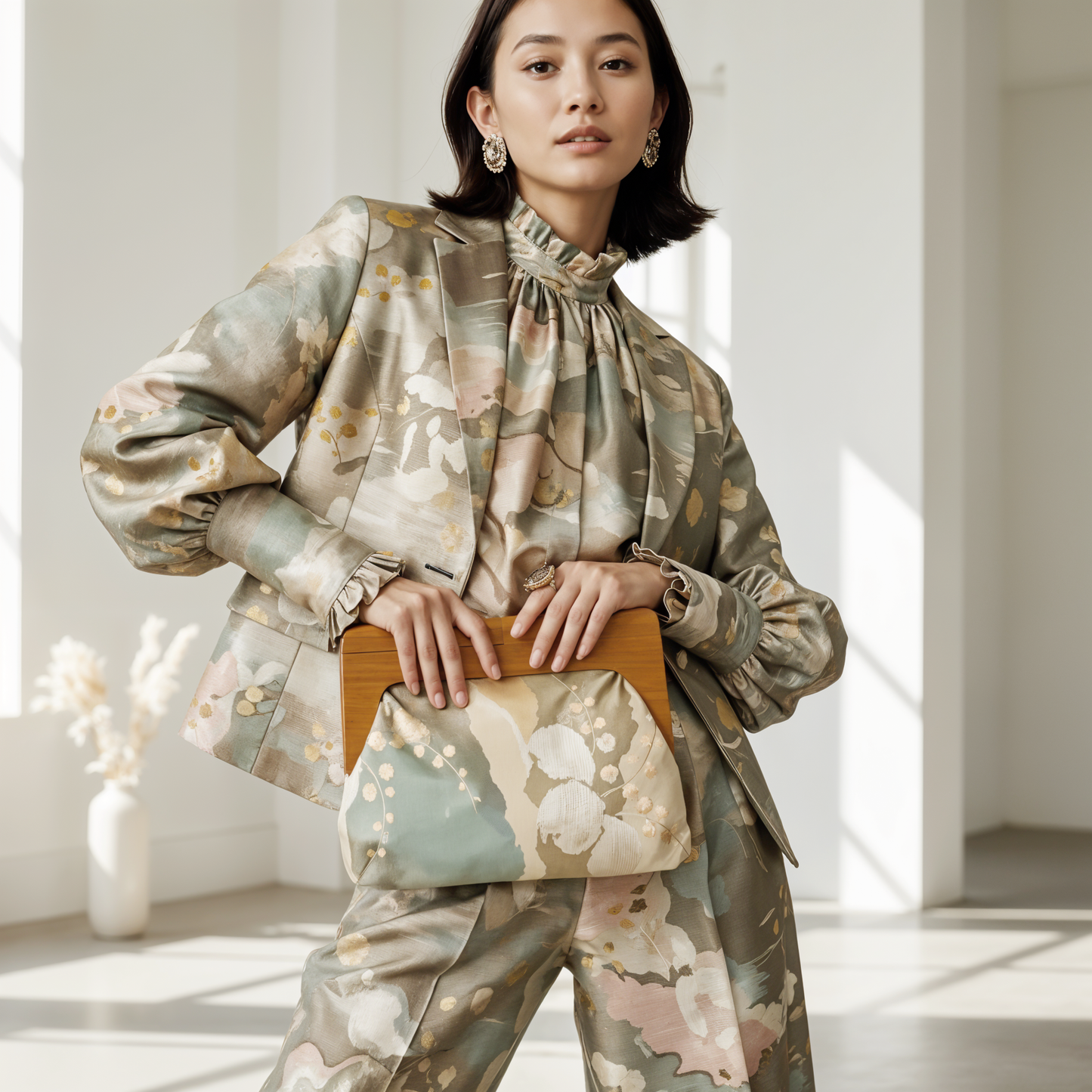 Obi Clutch – Sage Green and Light Beige Kimono Fabric Bag with Wooden Frame