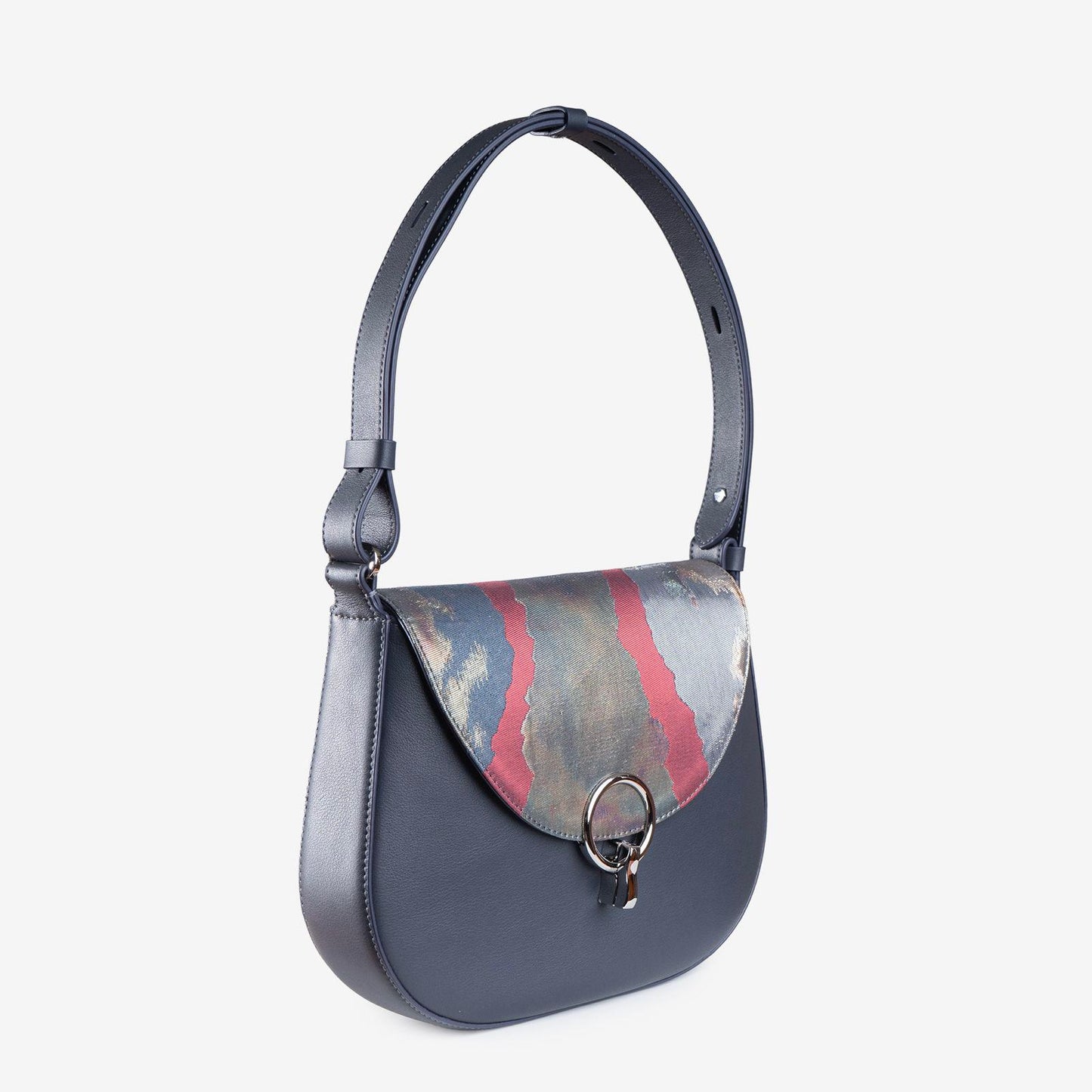 Leather Shoulder Bag with Vintage Obi Fabric Flap