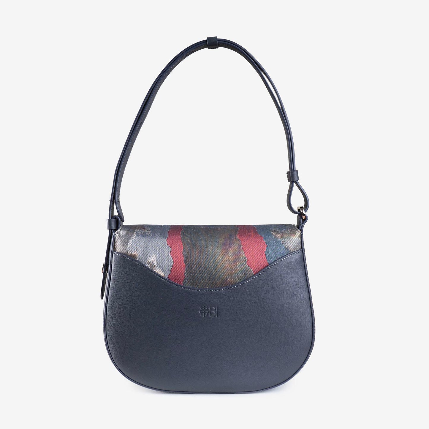Leather Shoulder Bag with Vintage Obi Fabric Flap