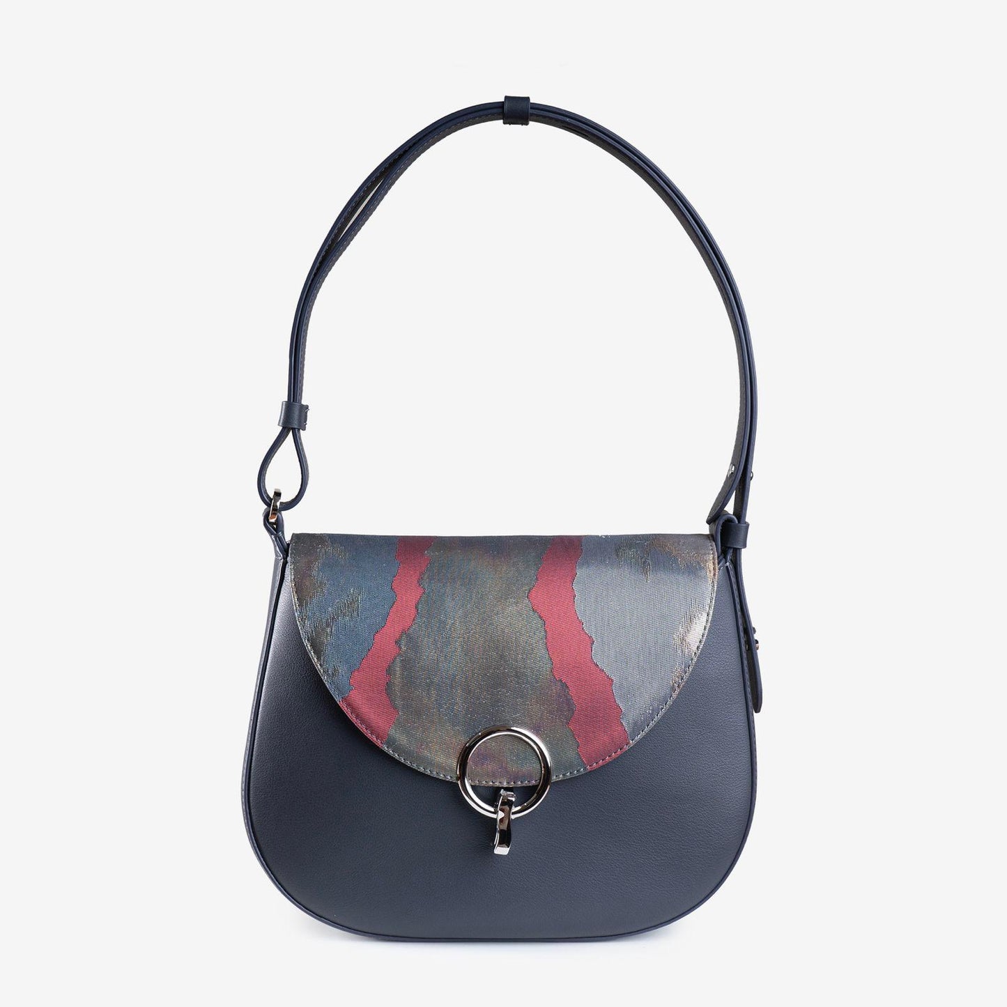 Leather Shoulder Bag with Vintage Obi Fabric Flap
