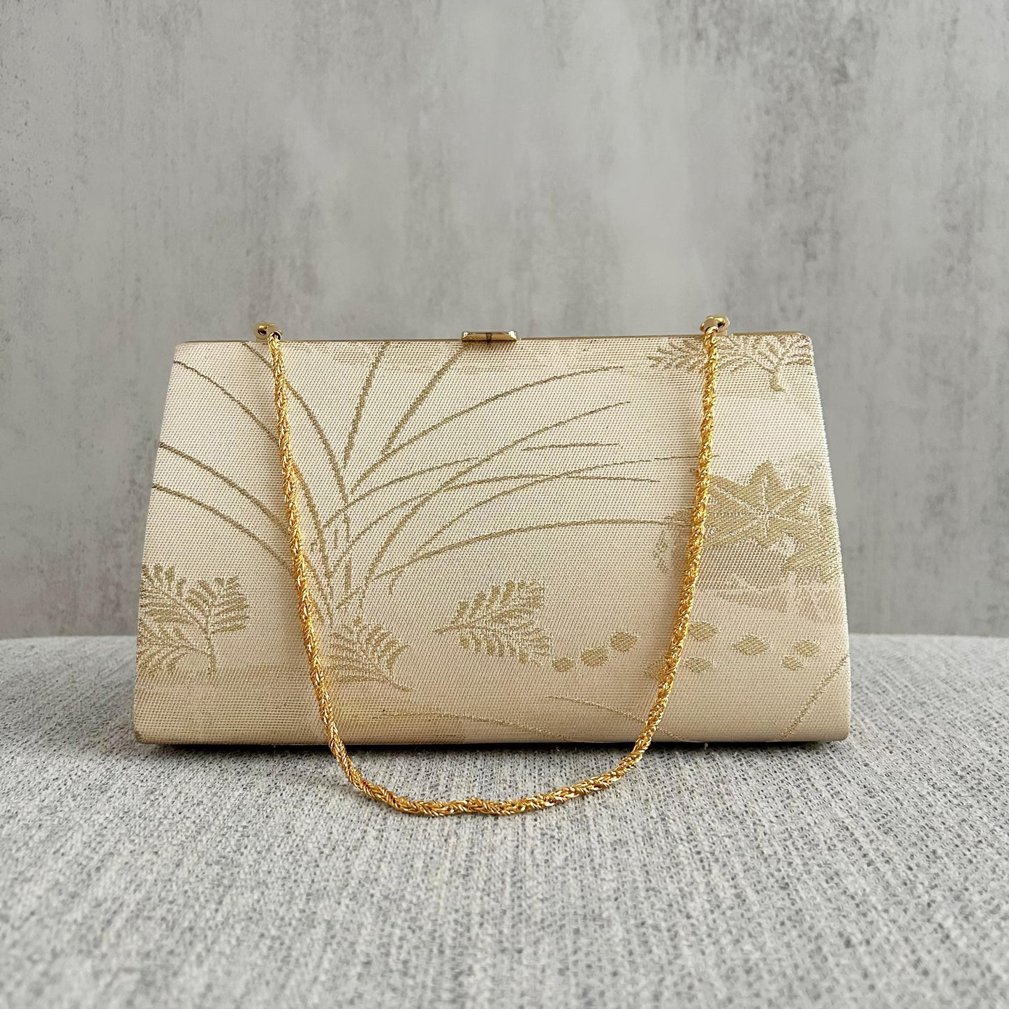 Ivory & Gold Brocade Leaf Exquisite Vintage Japanese Clutch Bag