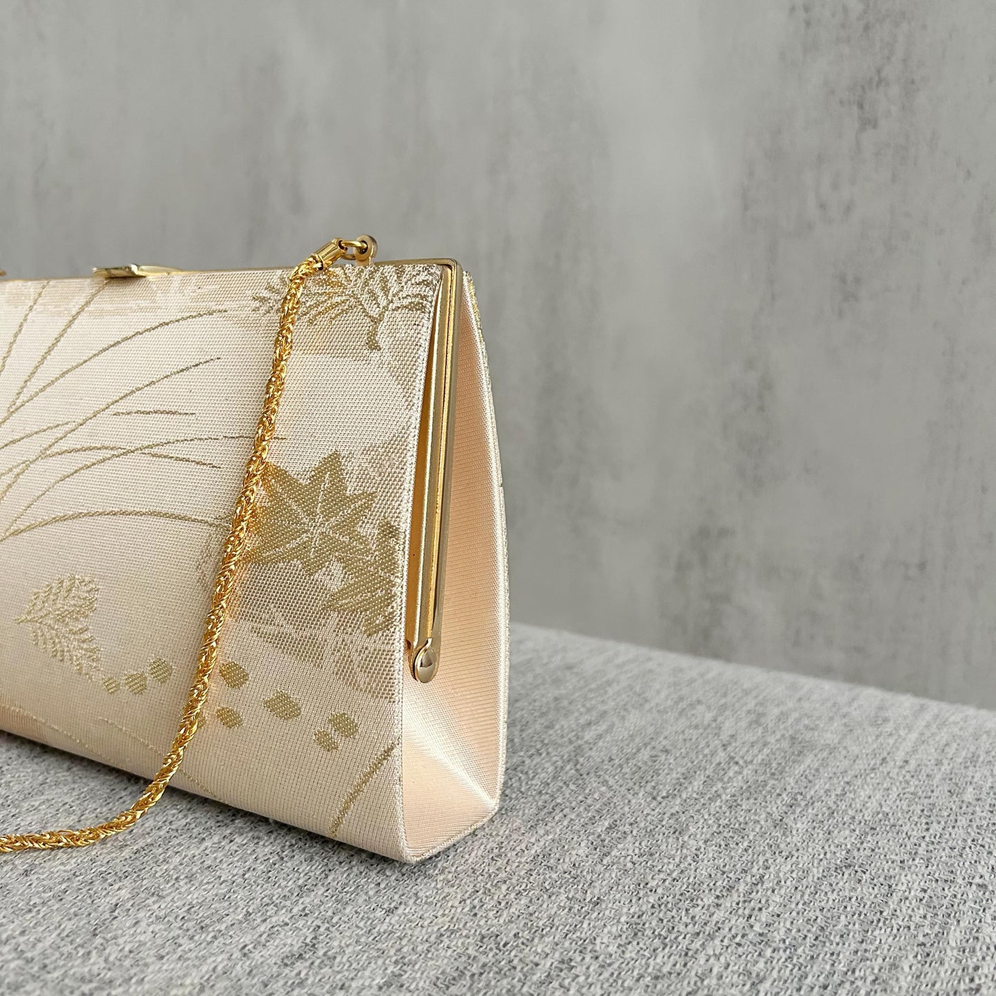 Ivory & Gold Brocade Leaf Exquisite Vintage Japanese Clutch Bag