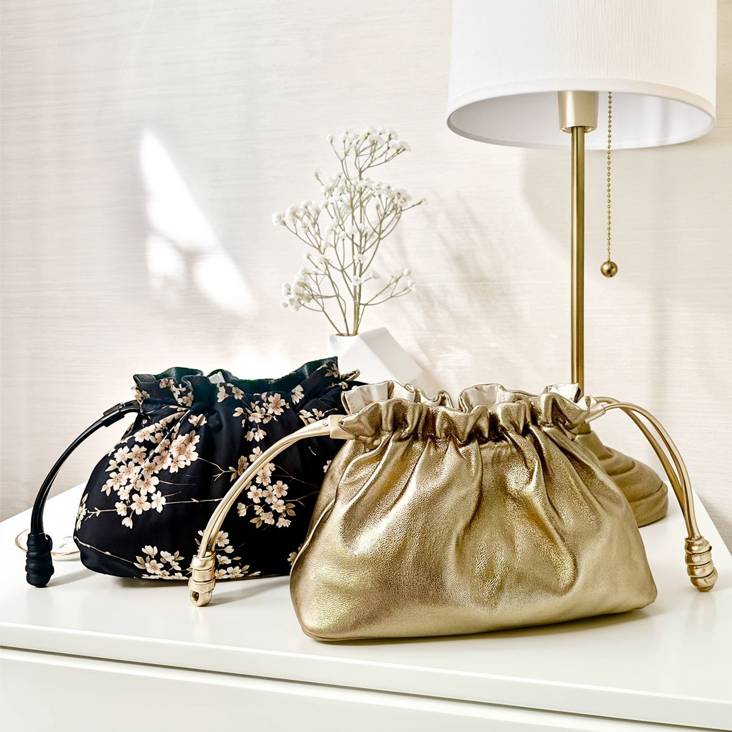 Reversible Kinchaku Bag: Japanese Tiny Floral Cotton & Black Nappa Leather Clutch