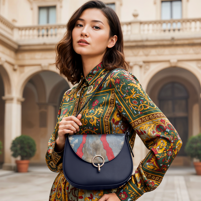 Leather Shoulder Bag with Vintage Obi Fabric Flap