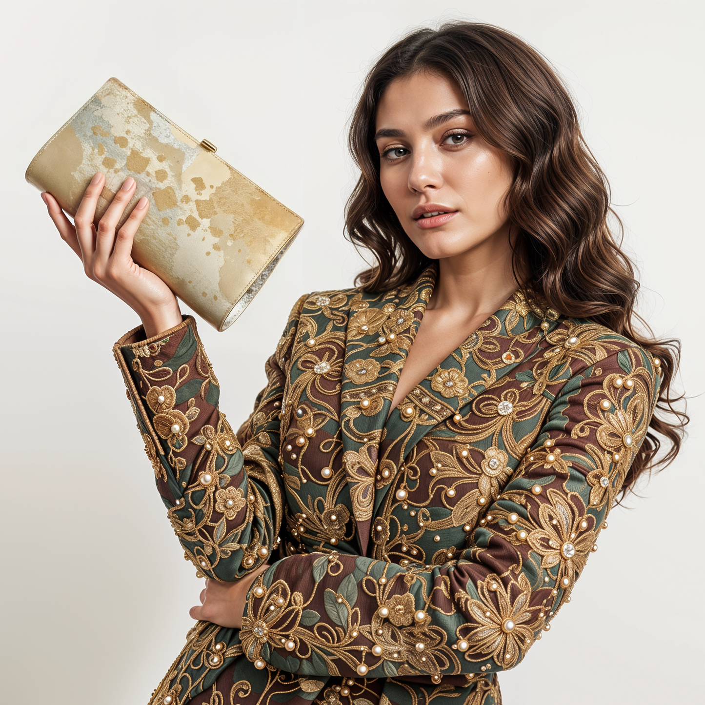 Vintage Gold Obi Kimono Fabric Clutch: Japanese Chain Evening Bag