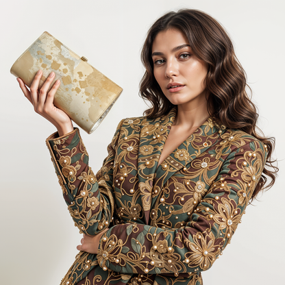 Vintage Gold Obi Kimono Fabric Clutch: Japanese Chain Evening Bag