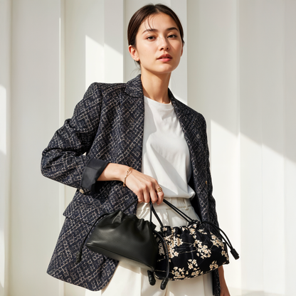 Reversible Kinchaku Bag: Japanese Tiny Floral Cotton & Black Nappa Leather Clutch