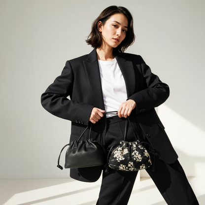 Reversible Kinchaku Bag: Japanese Tiny Floral Cotton & Black Nappa Leather Clutch