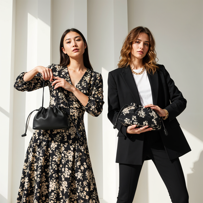 Reversible Kinchaku Bag: Japanese Tiny Floral Cotton & Black Nappa Leather Clutch