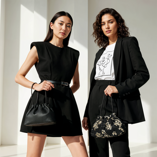Reversible Kinchaku Bag: Japanese Tiny Floral Cotton & Black Nappa Leather Clutch