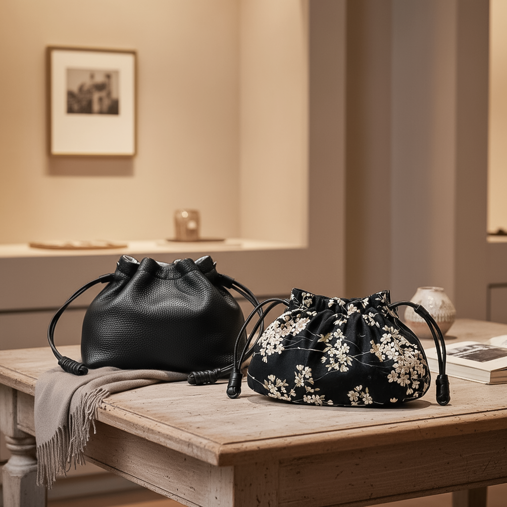 Japanese Kinchaku Clutch – Reversible Sakura Cotton with Black Leather