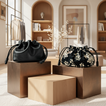 Japanese Kinchaku Clutch – Reversible Sakura Cotton with Black Leather