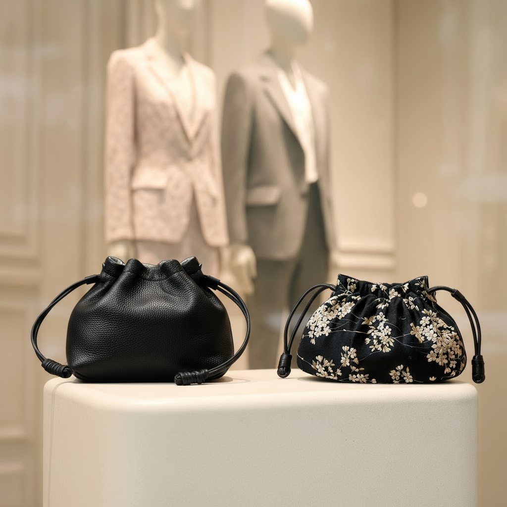 Japanese Kinchaku Clutch – Reversible Sakura Cotton with Black Leather