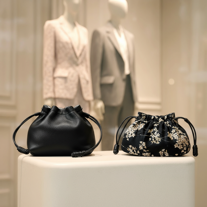 Japanese Kinchaku Clutch – Reversible Sakura Cotton with Black Leather