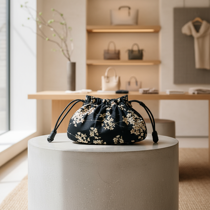 Japanese Kinchaku Clutch – Reversible Sakura Cotton with Black Leather