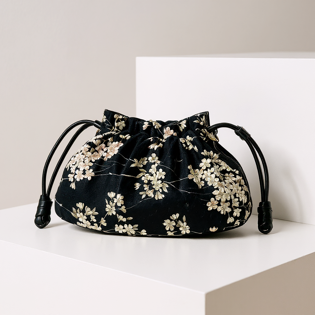 Reversible Kinchaku Bag: Japanese Tiny Floral Cotton & Black Nappa Leather Clutch