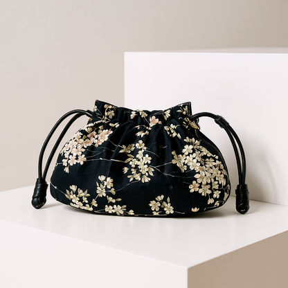 Reversible Kinchaku Bag: Japanese Tiny Floral Cotton & Black Nappa Leather Clutch