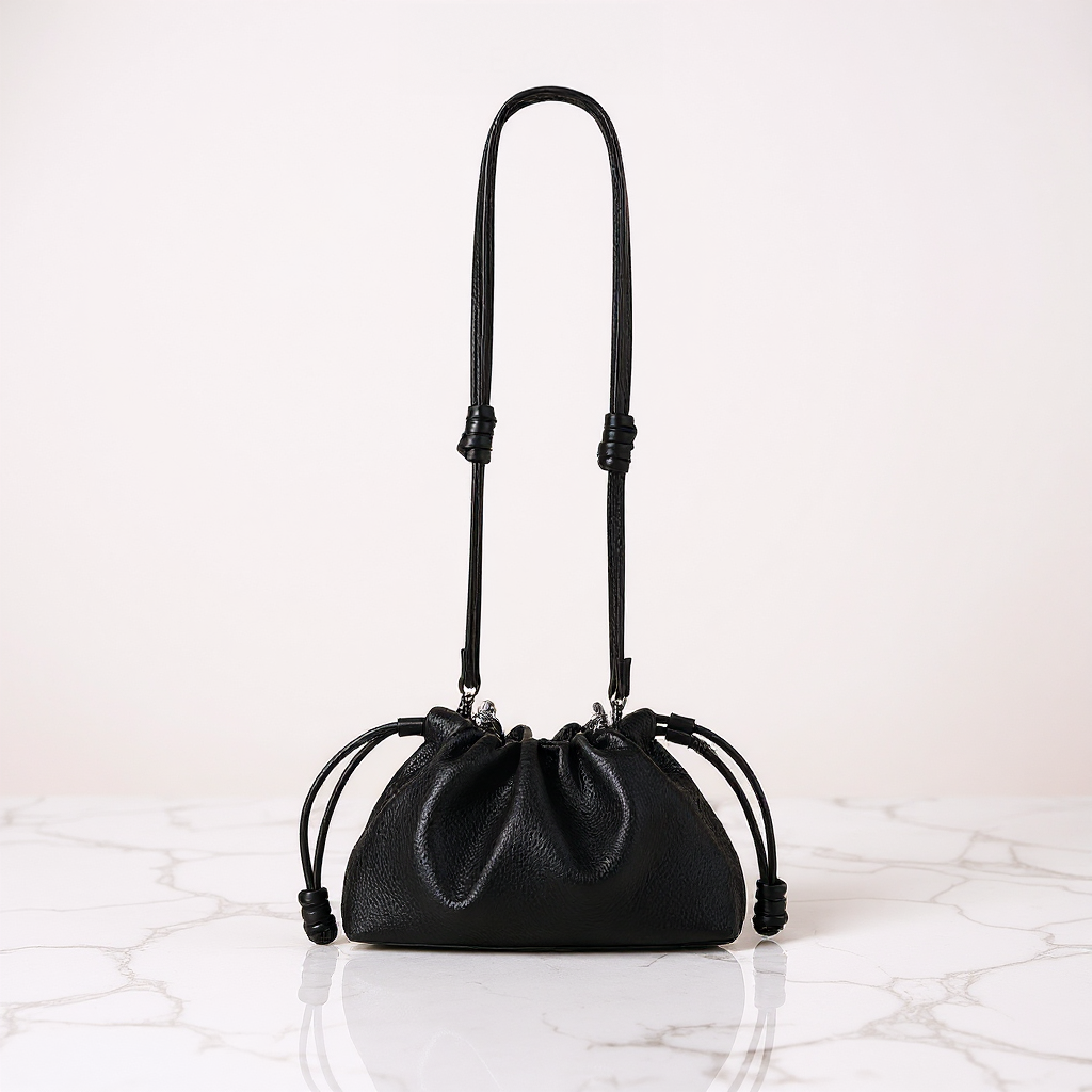 Reversible Kinchaku Bag: Japanese Tiny Floral Cotton & Black Nappa Leather Clutch