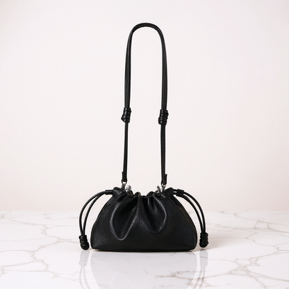 Reversible Kinchaku Bag: Japanese Tiny Floral Cotton & Black Nappa Leather Clutch
