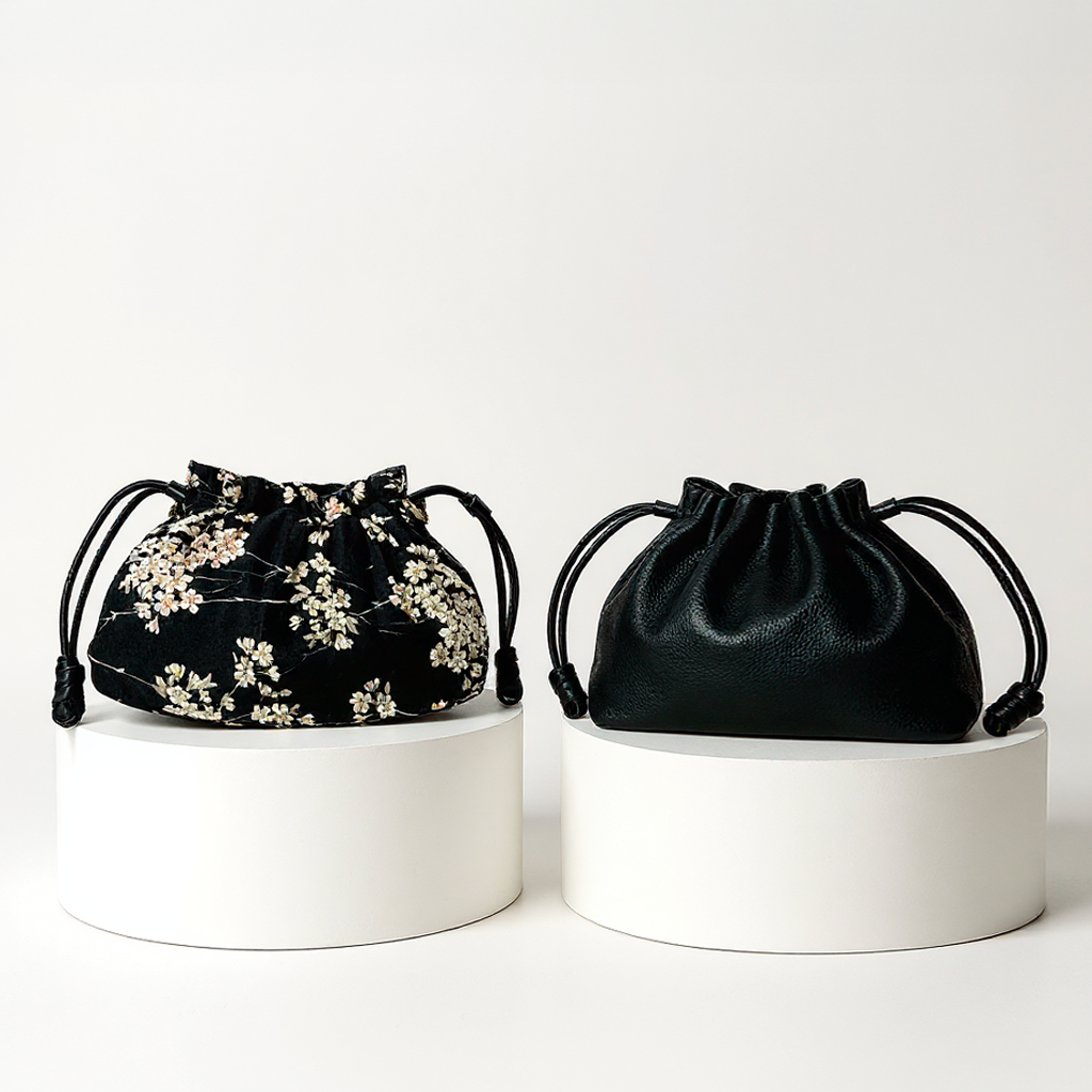 Reversible Kinchaku Bag: Japanese Tiny Floral Cotton & Black Nappa Leather Clutch