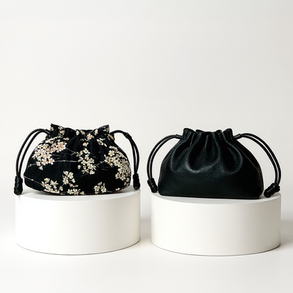 Reversible Kinchaku Bag: Japanese Tiny Floral Cotton & Black Nappa Leather Clutch