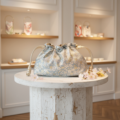 Reversible Japanese Kinchaku Bag – Soft Sky Blue & Gold Sakura Pattern