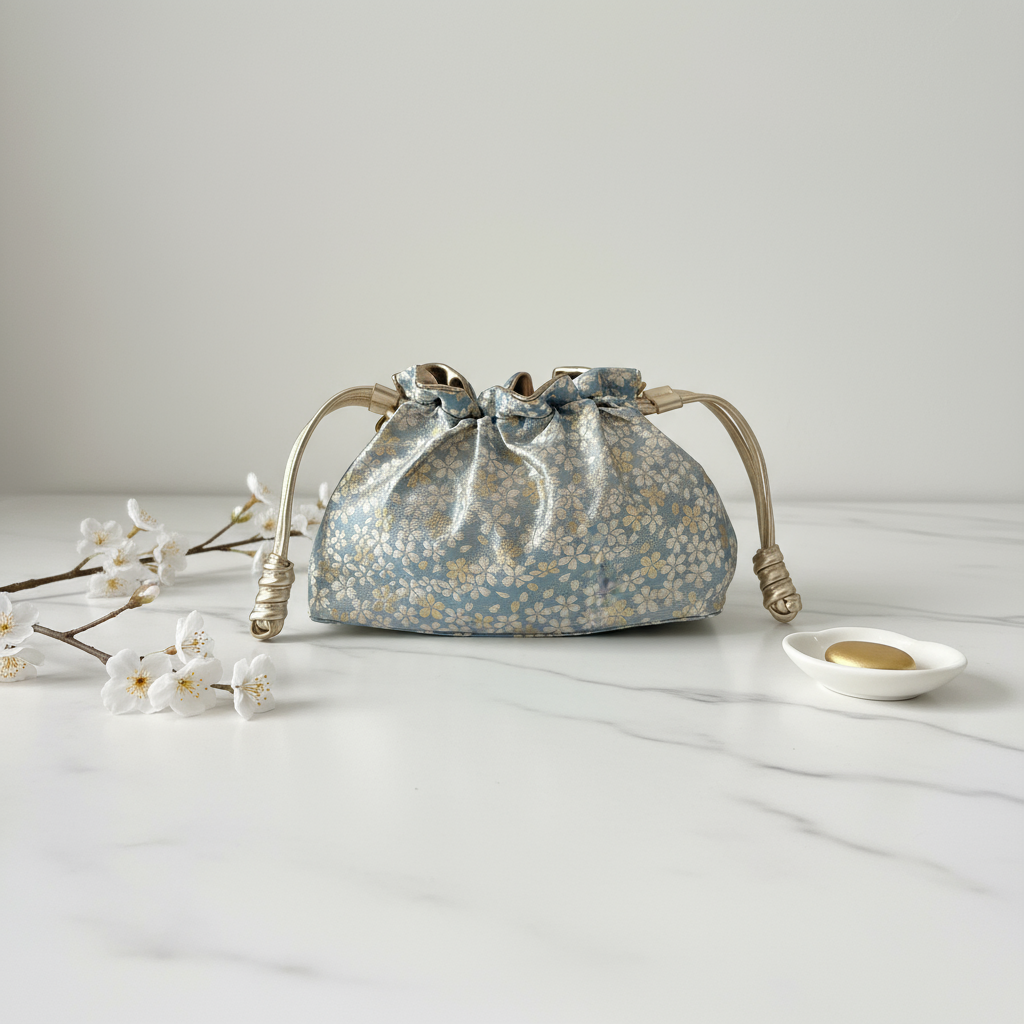 Reversible Japanese Kinchaku Bag – Soft Sky Blue & Gold Sakura Pattern