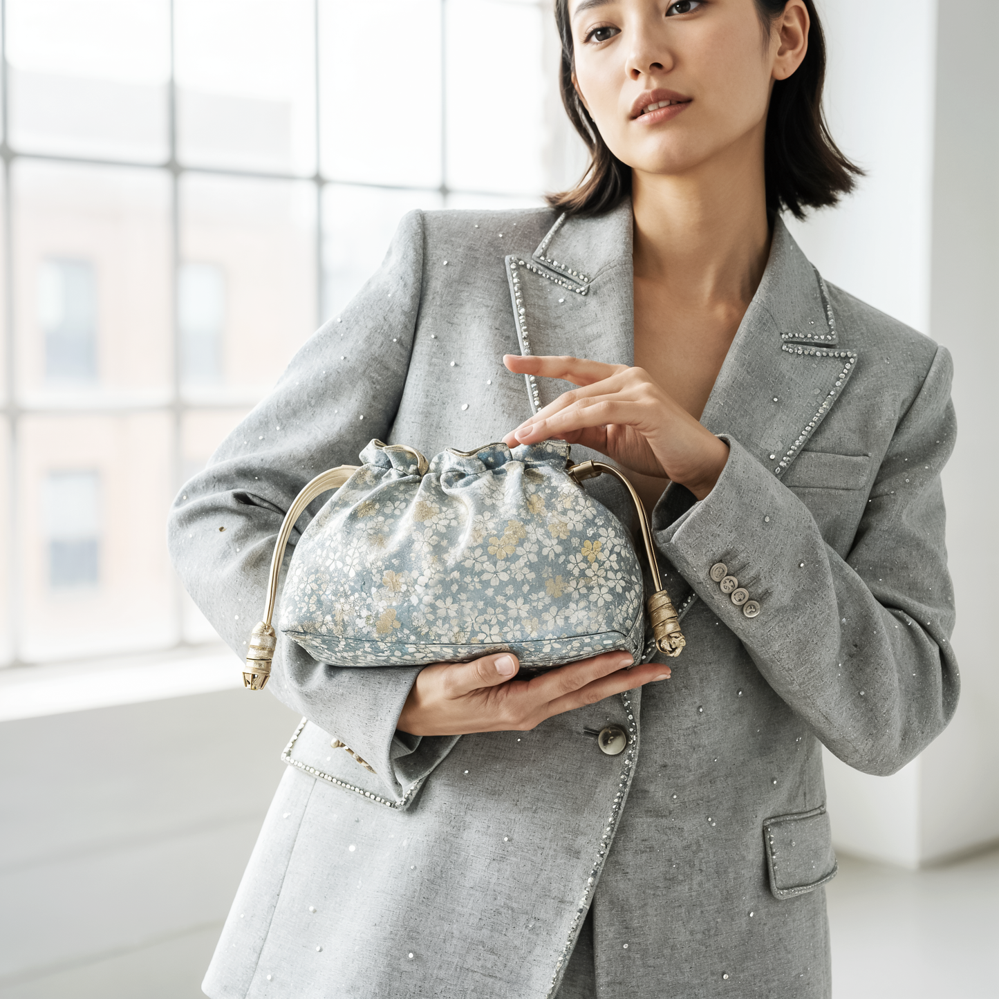 Reversible Japanese Kinchaku Bag – Soft Sky Blue & Gold Sakura Pattern