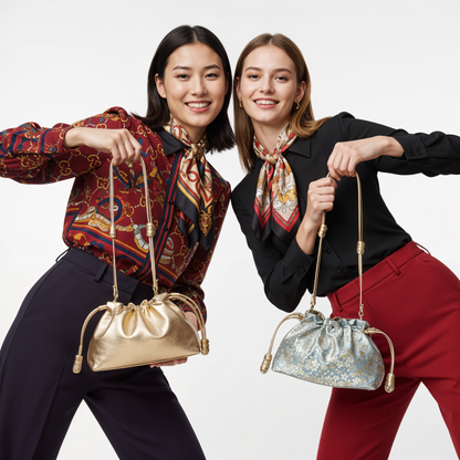 Reversible Japanese Kinchaku Bag – Soft Sky Blue & Gold Sakura Pattern