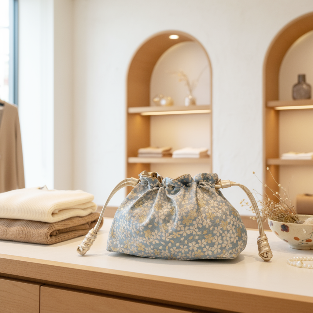 Reversible Japanese Kinchaku Bag – Soft Sky Blue & Gold Sakura Pattern