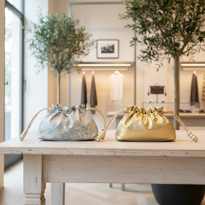 Reversible Japanese Kinchaku Bag – Soft Sky Blue & Gold Sakura Pattern