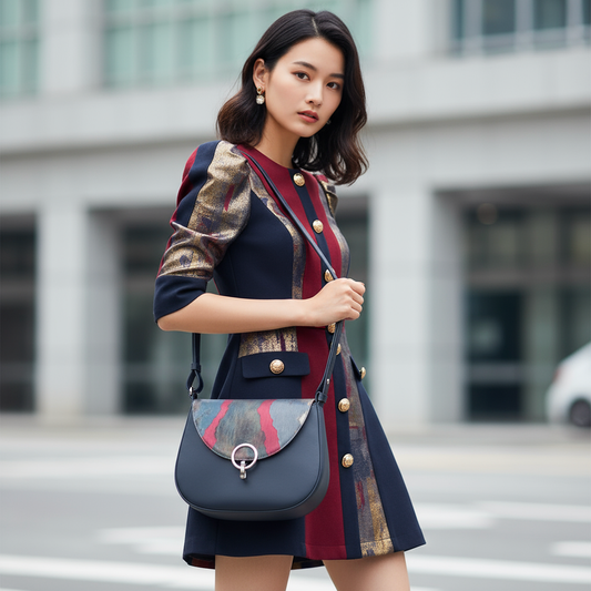 Leather Shoulder Bag with Vintage Obi Fabric Flap