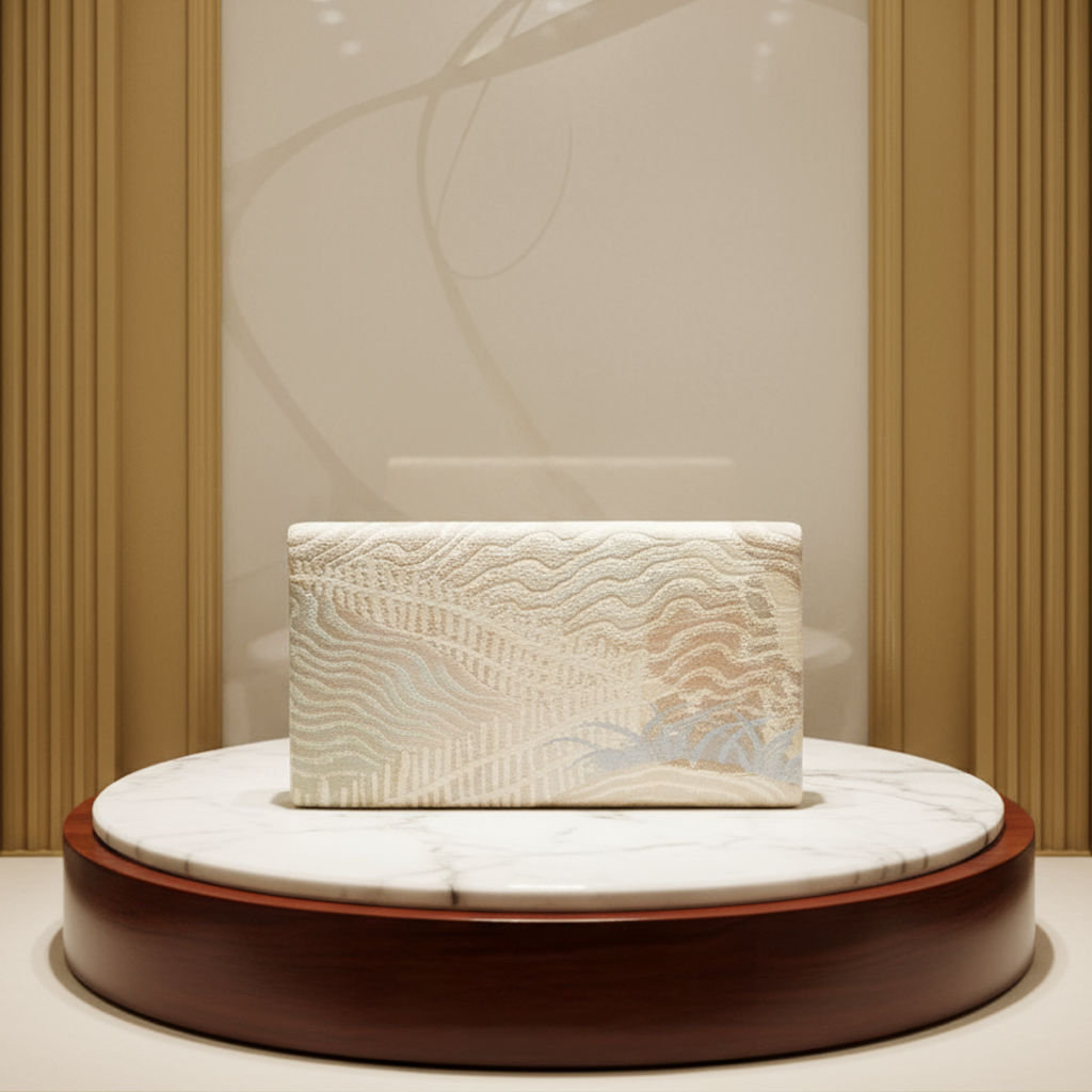 Vintage Japanese Clutch Bag – Elegant Evening Purse with Ivory Wave Embroidery