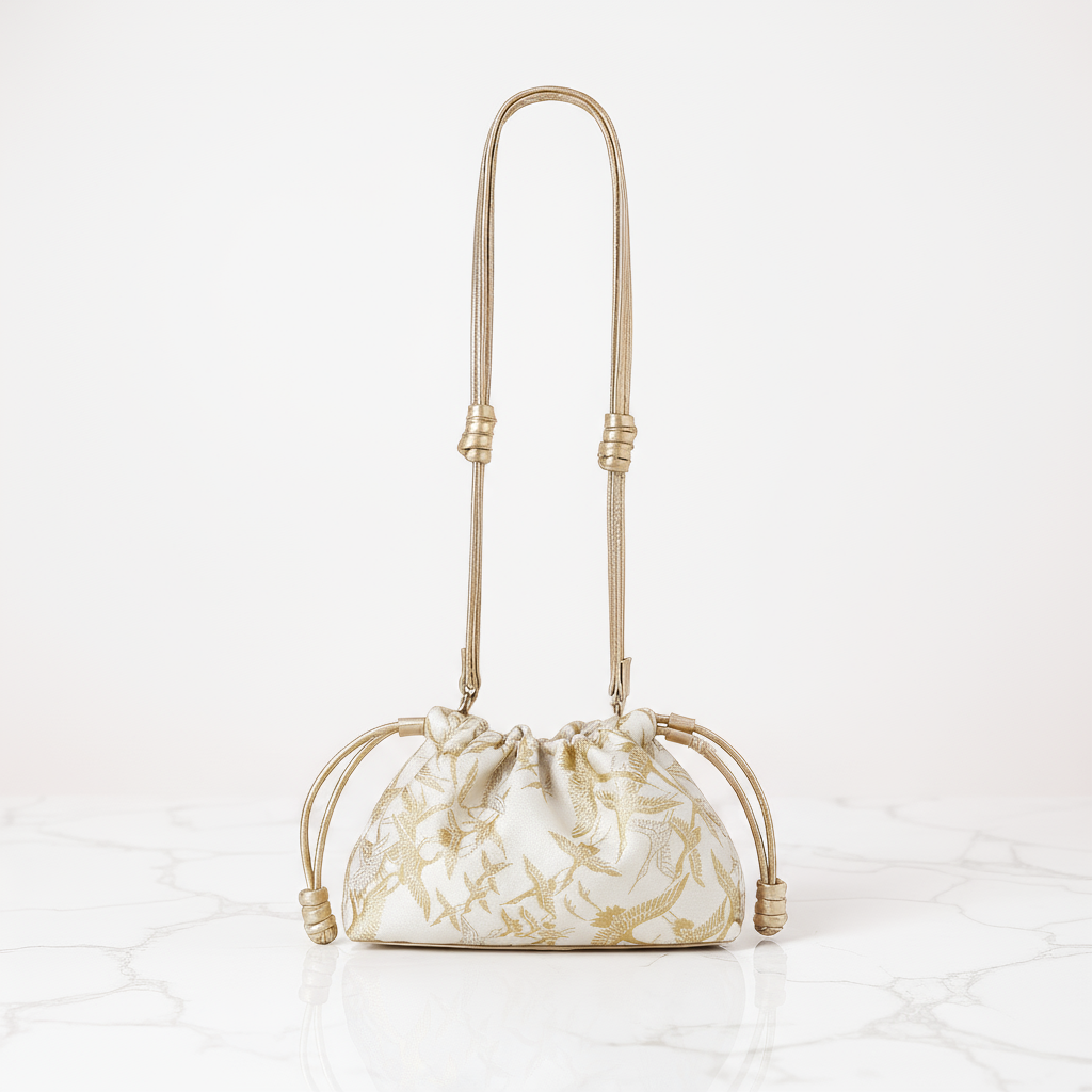 Reversible Kinchaku Bag: Japanese Cotton & Nappa Leather Clutch