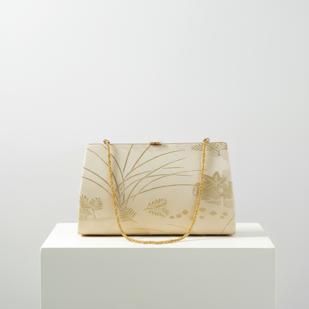 Ivory & Gold Brocade Leaf Exquisite Vintage Japanese Clutch Bag