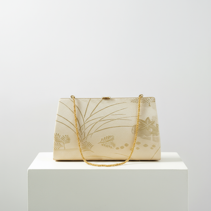 Ivory & Gold Brocade Leaf Exquisite Vintage Japanese Clutch Bag