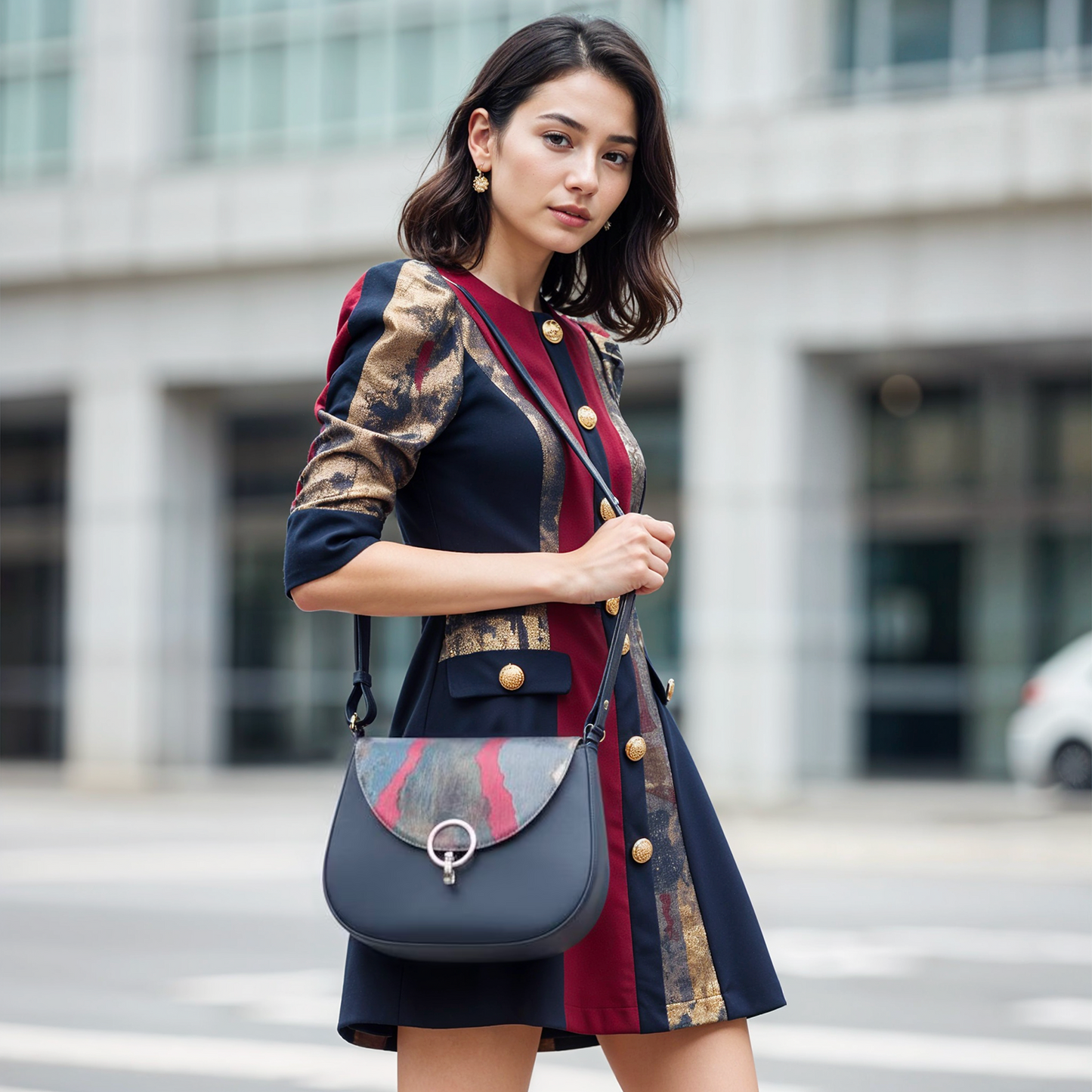 Leather Shoulder Bag with Vintage Obi Fabric Flap