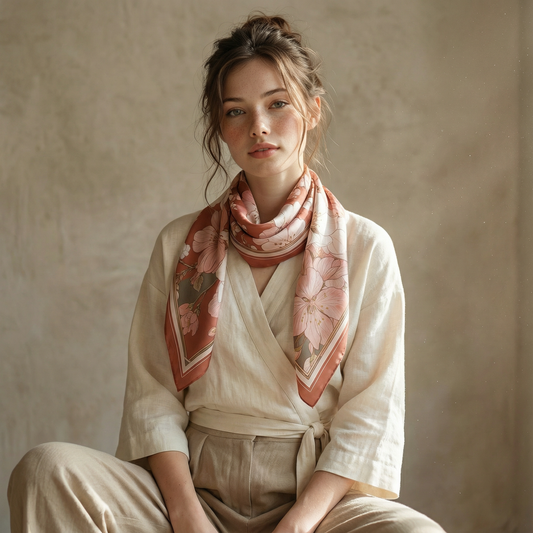 Japanese Silk Scarf, Sakura Cherry Blossom Design