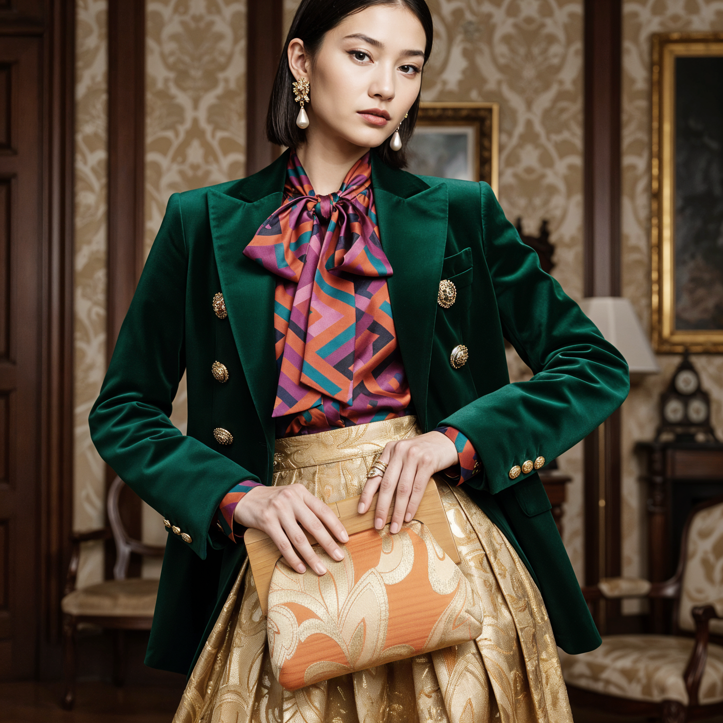 Rust and Gold Wooden Frame Clutch Bag made with Vintage Japanese Obi Fabric